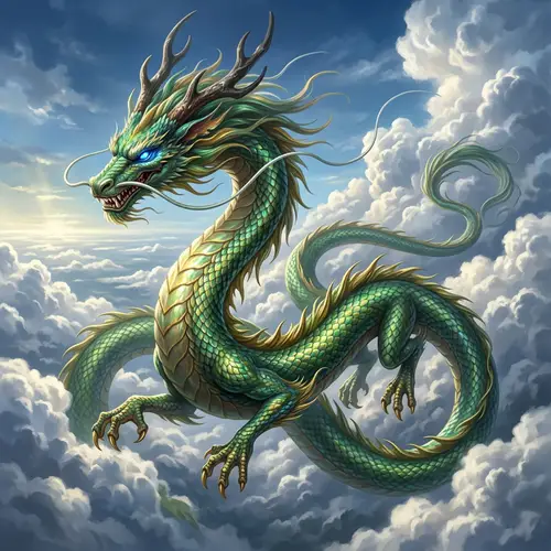 Majestic Eastern-Style Dragon Soaring in Green & Gold