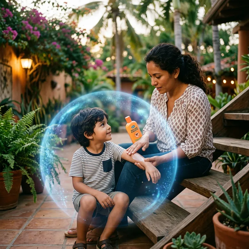 Protective Hispanic Mother Applying Mosquito Repellent to Child with Blue Shield