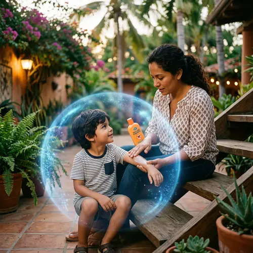 Hispanic Mother Applying Mosquito Repellent with Blue Shield Protection
