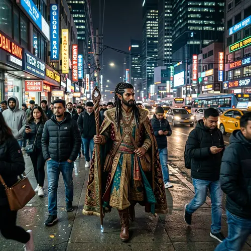 South Asian Adult Elf in Ancient Attire Roaming Modern City