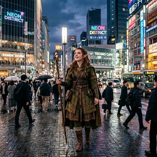 Young Elf in Ancient Clothes in Modern City