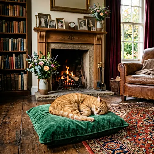 Cozy Living Room Scene with Ginger Cat on Velvet Cushion