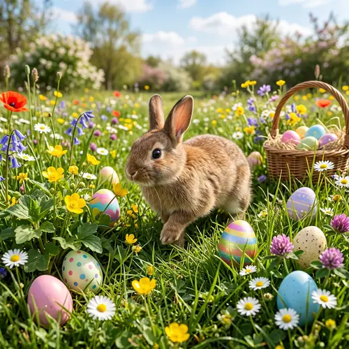 Playful Easter Rabbit Searching for Eggs in Enchanting Field