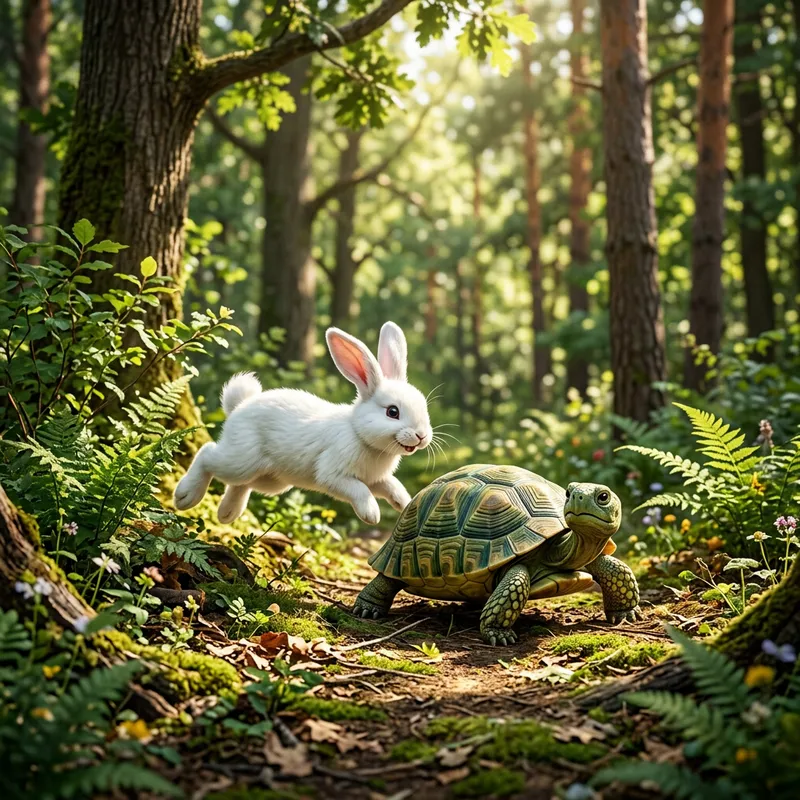 Cheerful Bunny Playfully Tricks Green Tortoise in Forest Setting