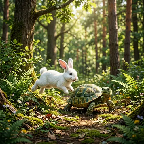 Playful Bunny vs Green Tortoise in Forest Scene