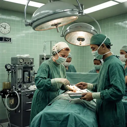 1960's Female Doctor in Intense Surgical Operation