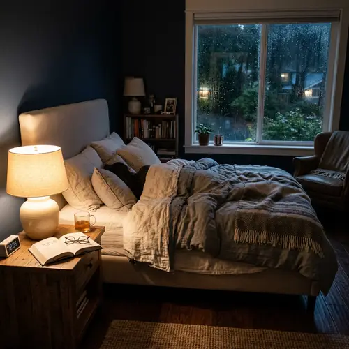 Tranquil Midnight Bedroom Scene with Cozy Lamp Glow