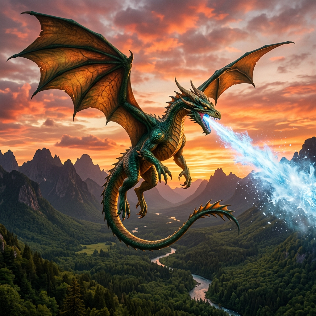 Majestic Dragon Soaring Over Verdant Forest | Enchanting Mythical