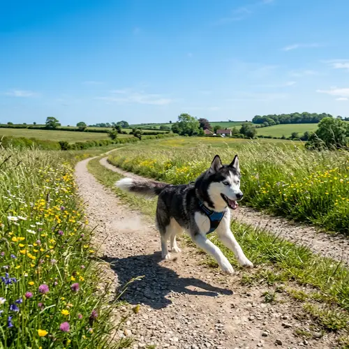 Energetic Husky Dog Running in Rural Landscape | Exhilarating Speed