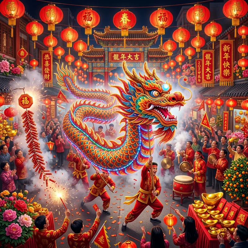 Lunar New Year Blessings with Festive Dragon Atmosphere