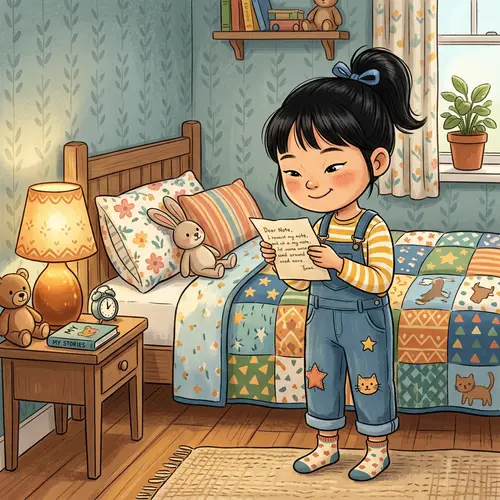 Young Asian Girl Reading Note by Colorful Bed - Cartoon Style