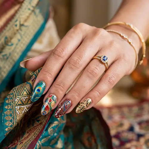 South Asian Woman Delicate Nail Art Showcase: Intricate Designs