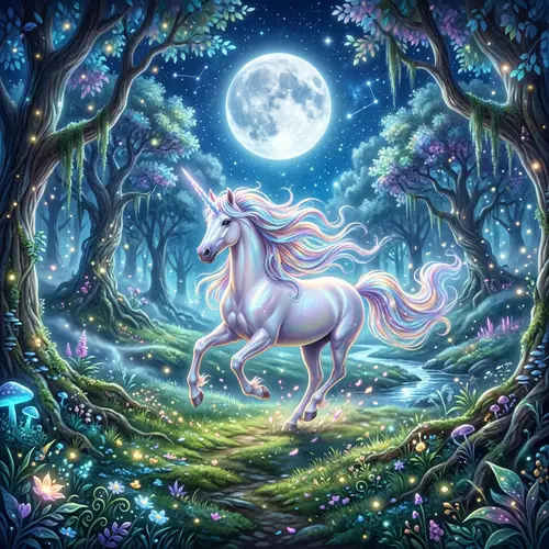 Mystical Forest & Unicorn - Prancing Under Moonlit Sky