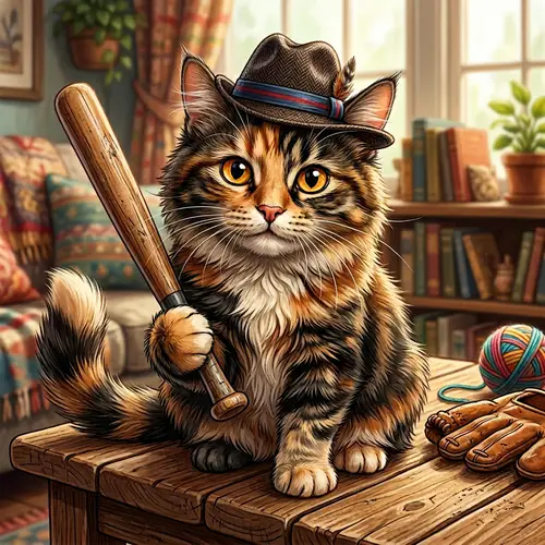Whimsical Feline with Fashionable Hat and Wooden Bat
