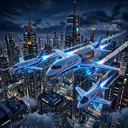 Futuristic Car-Airplanes Transporting Goods in a Dynamic Cityscape