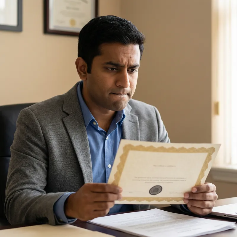 Worried Man in Formal Suit with Certificate Worried Man in Formal Suit with Certificate