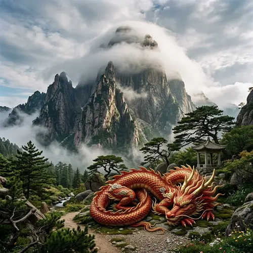 Majestic Red and Gold Dragon Resting at the Foot of a Towering Mountain