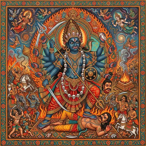 Veerbhadra - Powerful Deity in Vibrant Antique Indian Painting