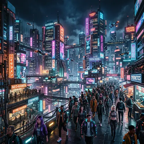 Futuristic Cyberpunk Cityscape with Neon Lights and Diverse Crowd