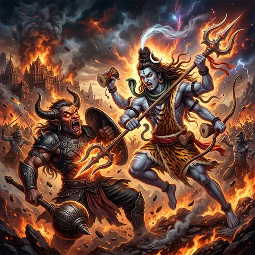 Epic Depiction of Lord Shiva in Fierce Battle with Demon Tripura Sura