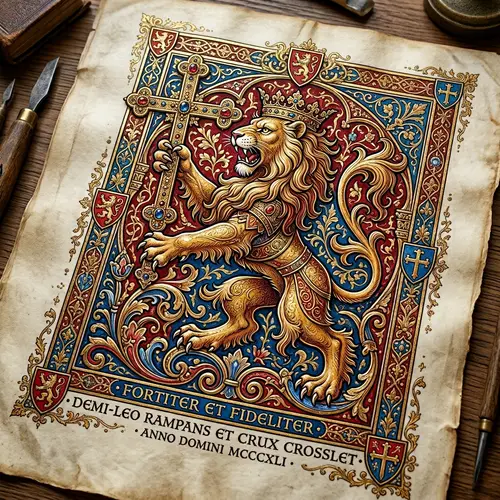 Majestic Demi-Rampant Lion Holding Cross Crosslet | Historical Heraldry Design