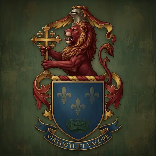 Detailed Digital Illustration of Demi-Rampant Lion with Cross Crosslet