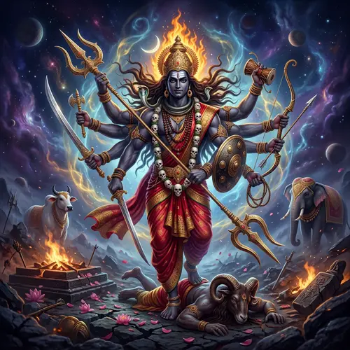 Detailed Representation of Virabhadra: Mythical Deity on Cosmic Battlefield