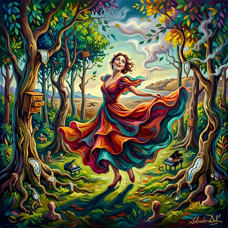 Surreal Dance in a Lush Forest - Dali-Inspired Art
