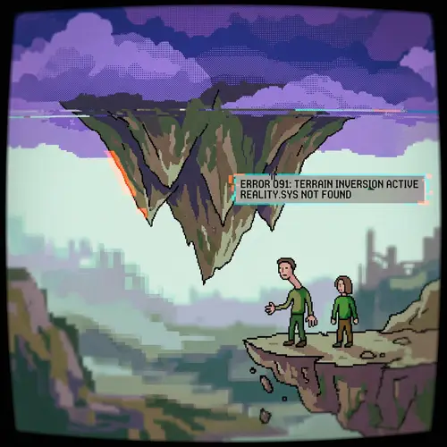 Surreal Inverted Mountain Scene in Low Resolution