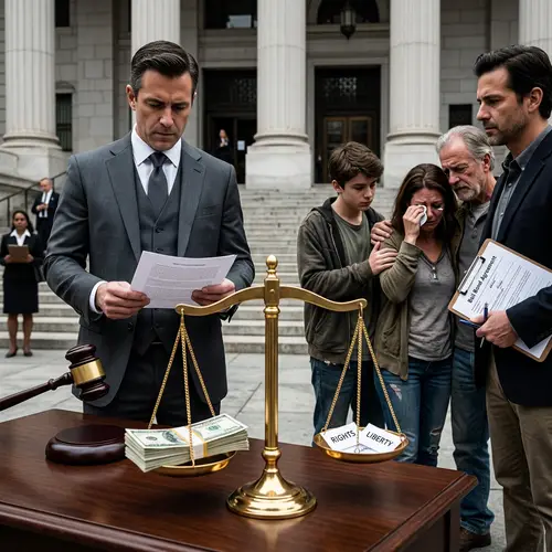 Bail Process: Scales of Justice, Legal Counselor, and Bail Bondsman