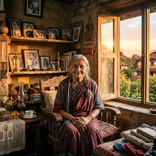 Elderly South Asian Woman in Quaint Rustic Home - Portrait of Wisdom