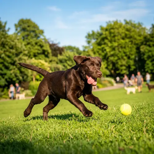 Playful Pup Chasing Yellow Tennis Ball in Lush Green Park