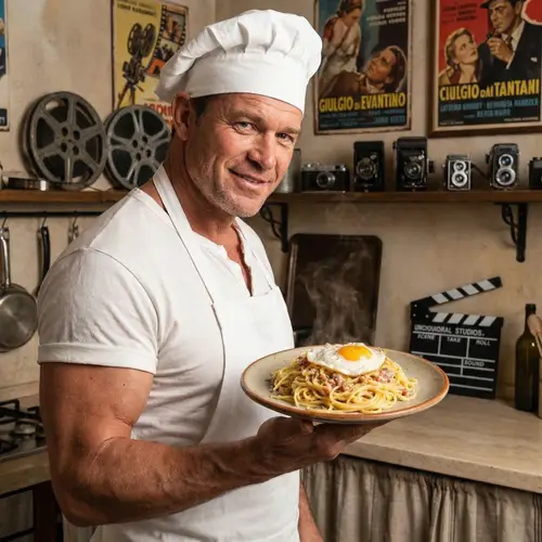 Muscular Caucasian Male Chef with Egg-topped Pasta on Movie-themed Background