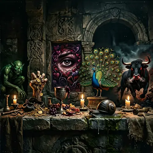 Symbols of Seven Deadly Sins Depicted in Dark Atmosphere