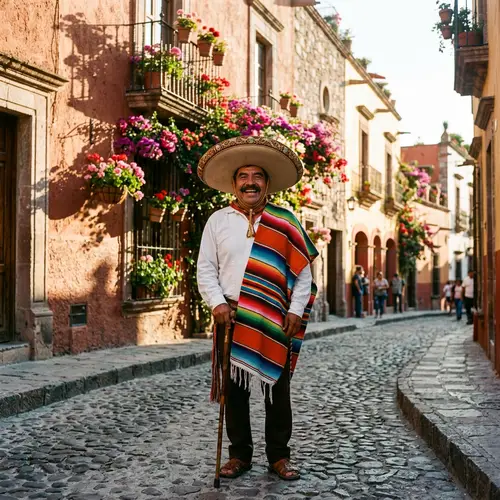 Traditional Mexican Man in Colorful Attire | Old Town Scene
