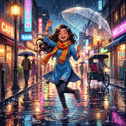 Cheerful Anime Girl Dancing in the Rain with Short Scarf