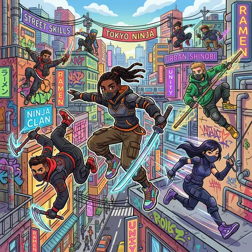 Vibrant Urban Ninja Scene with Diverse Youths