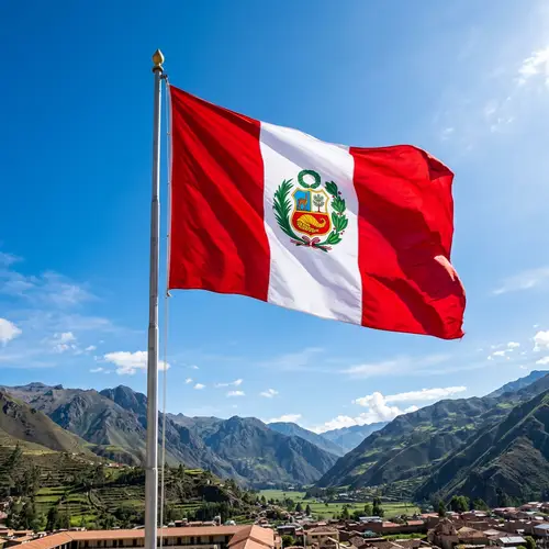 Bright and Colorful Peruvian Flag Waving in Clear Blue Sky
