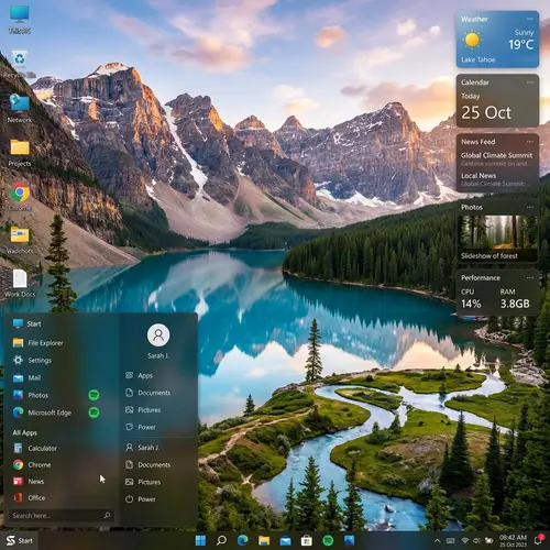 Modern Computer OS Interface with Nature-Themed Desktop Wallpaper