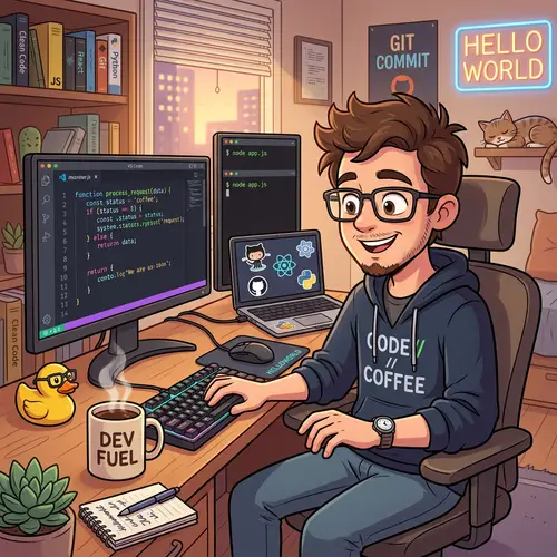 Cartoon Developer with Coffee and Code