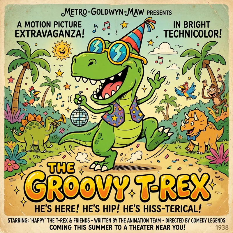 Joyful T-Rex in Sunglasses | Animated Movie Poster Joyful T-Rex in Sunglasses | Animated Movie Poster