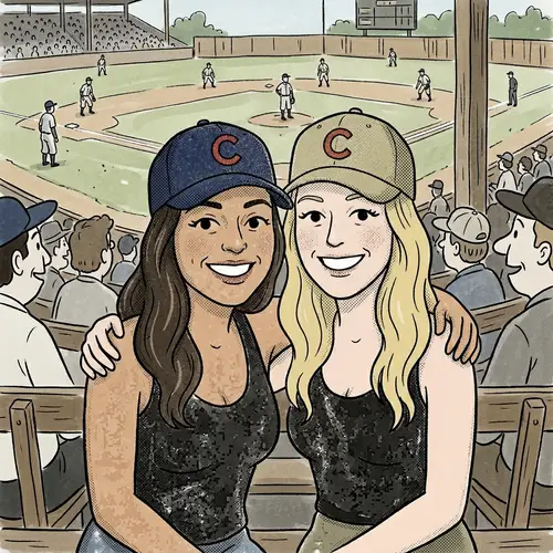 Pixar-Style Cartoon of Two Happy Women at Baseball Game