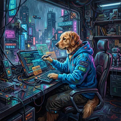 Futuristic Cyberpunk Golden Retriever Art | Neon-Lit Scene