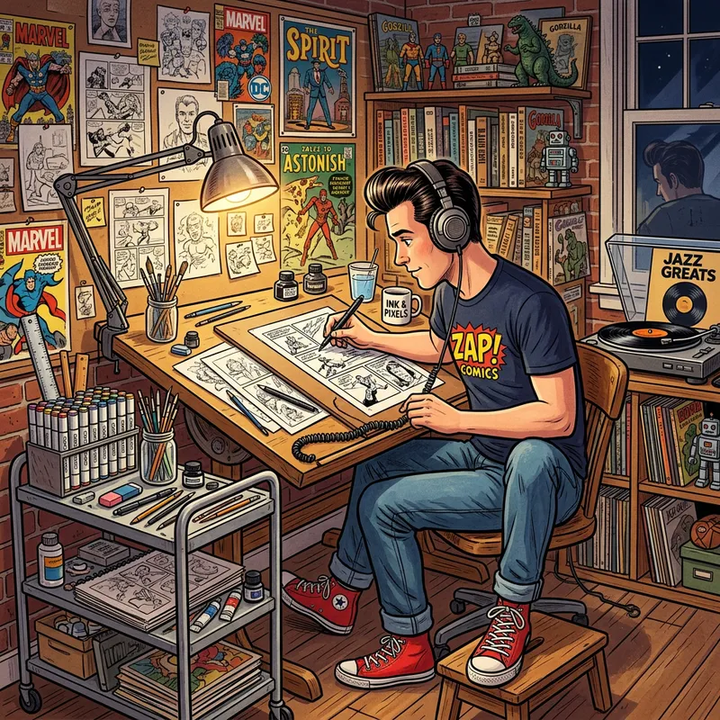 Caucasian Cartoonist at Drawing Table | 1950s Style Creativity Caucasian Cartoonist at Drawing Table | 1950s Style Creativity