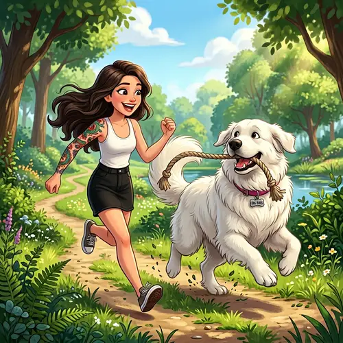 Pixar Style Art: Girl & Dog in a Green Park