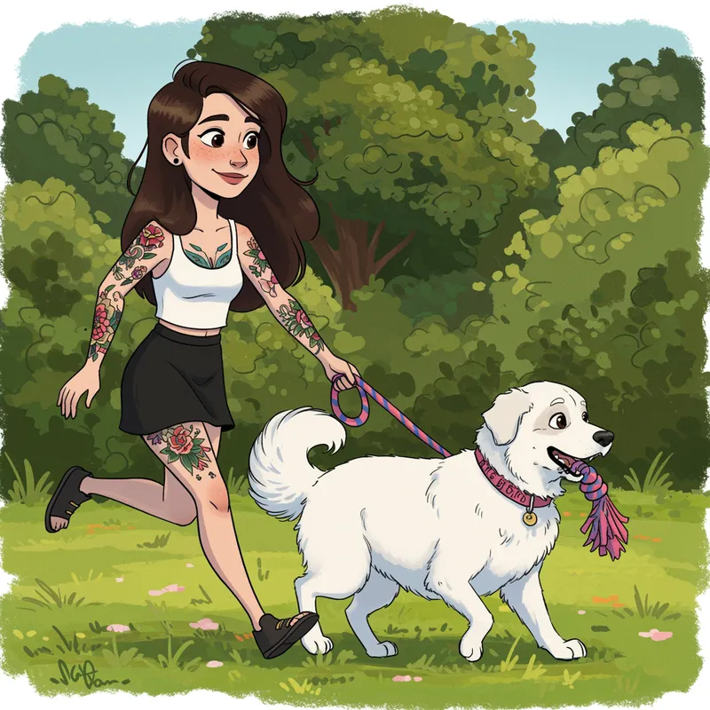 Pixar Style Art: Girl & Dog in a Green Park