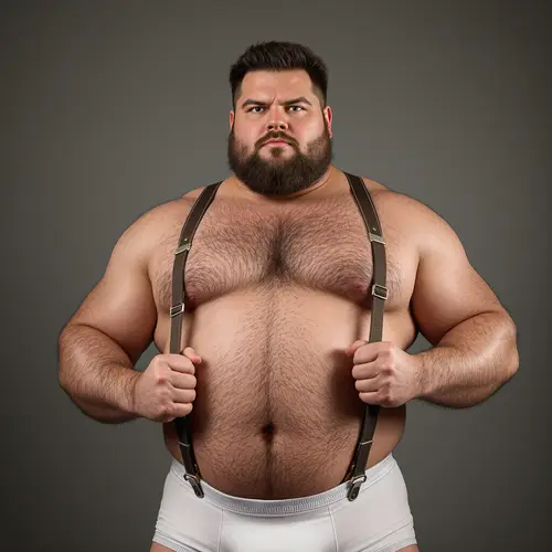 Beefy Man in White Underwear with Suspenders