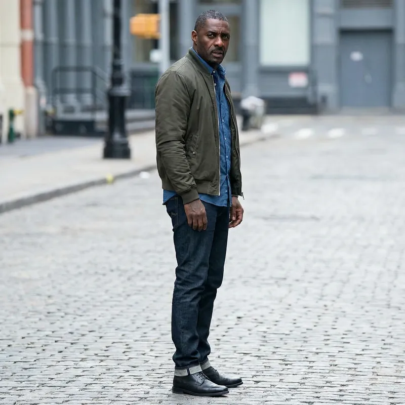 Idris Elba: Tense Profile in Green Bomber Jacket