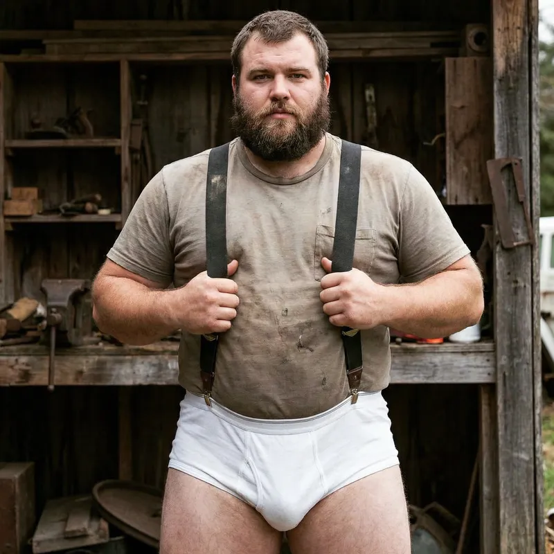 Beefy Man in White Underwear with Suspenders
