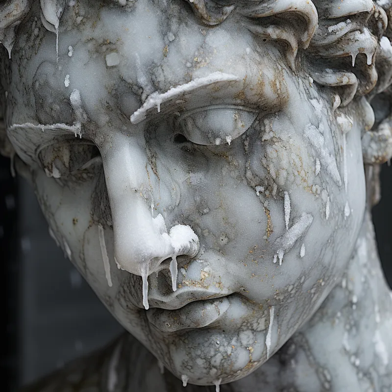 Frozen Condensation on Marble Statue Face Frozen Condensation on Marble Statue Face